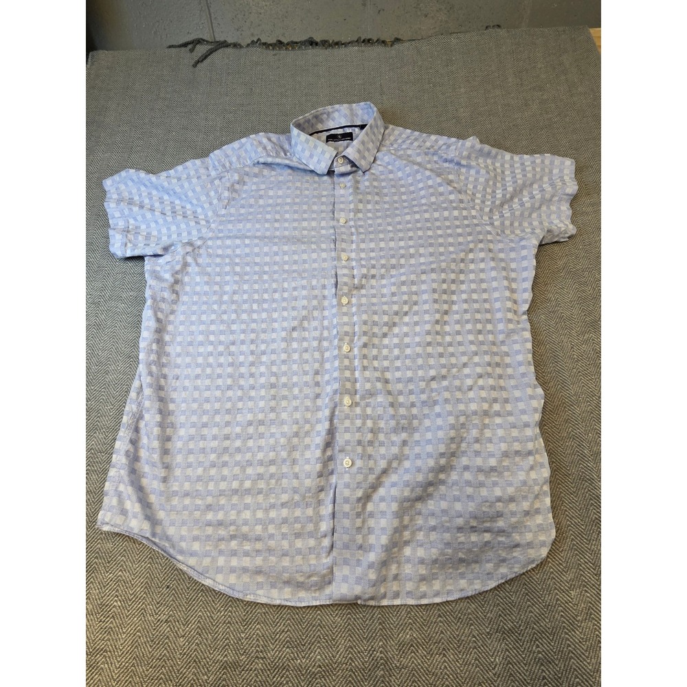 Hart Schaffner Marx Shirt Mens 3XB Blue White Checkered Short Sleeve Button Up